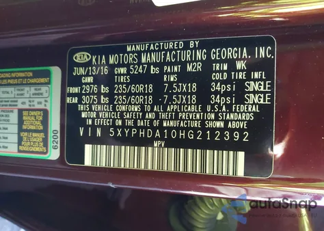 2017 Kia Sorento 2.0T Ex z USA, uszkodzony, nr VIN 5XYPHDA10HG212392